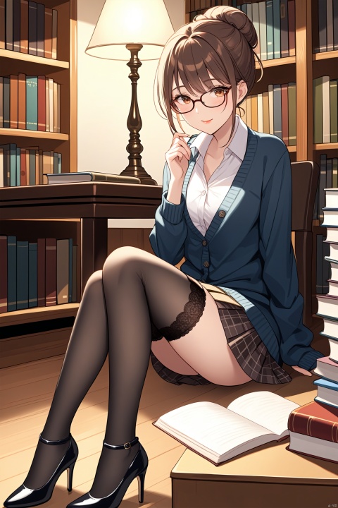 Library, 1girl, sexy, academic environment, wearing glasses, librarian outfit, black stockings, short skirt under long cardigan, button-up shirt unbuttoned to reveal lace underwear, brown hair tied into a messy bun, red lipstick, sitting on edge of bookshelf, academic books in background, intelligent gaze, subtle giggle, dimly lit reading room, high heels tapping wooden floor, curled pages, thigh-high gap, quiet atmosphere, antique library Lamps, warm indoor lights, stacks of books,