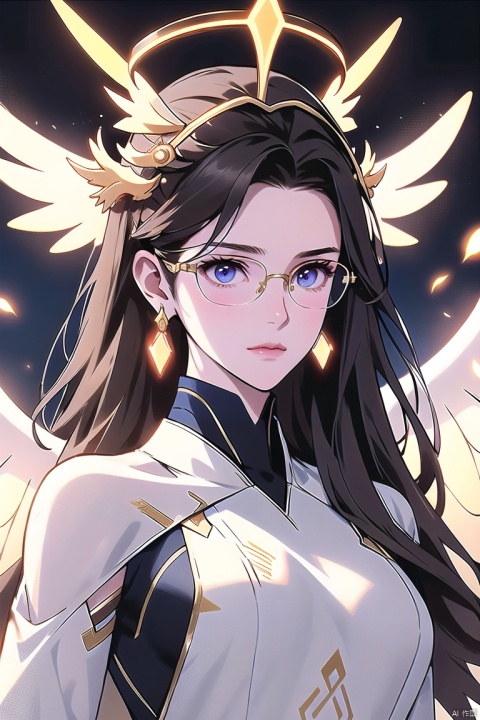 1hero, Overwatch-inspired, female, celestial healer, Angelic theme, winged emblem, halo-like headpiece, sleek white and gold armor, flowing ethereal robes, mechanical wings for agile flight, medical staff emitting divine light, holographic diagnostic interface, high-tech eyewear with embedded health readouts, form-fitting bodysuit with regal accents, golden pauldrons, angelic motifs throughout attire, hovering gracefully above ground, benevolent gaze, compassionate yet resolute facial expression, poised to deliver life-saving aid amidst the chaos of the battlefield, radiant aura, energy-infused wings casting an otherworldly glow around her figure, ((poakl))