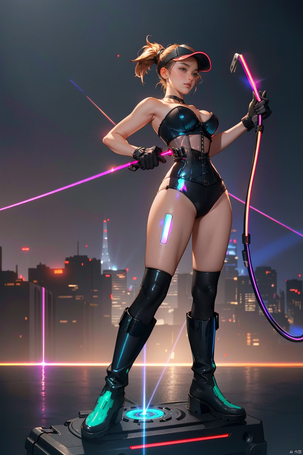 1girl, (mecha-maid), cyberpunk, (bustier with mechanical accents:1.6), (exposed circuitry details:1.3), futuristic thigh-high boots, (holographic visor:1.5), (artificial skin:0.9), (metallic accents:1.4), (dynamic pose:1.7), (plume of steam:1.2), (backdrop: neon cityscape:1.5), (tactical gloves:1.1), (synthetic hair in ponytail:1.3), (laser whip:1.8), (subtle glow effects:1.4), (shattered glass floor:0.8), floating holographic interface, (implant ports:1.1), confident stance, elongated limbs, smoke effects., ((poakl)), , (wide shot:0.95), (Dynamic pose:1.4),