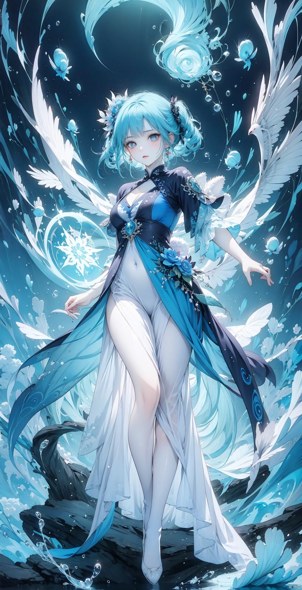  By ross tran, artgerm, 1girl, full body,Persian girl, exquisite facial features, Long legs, long legs, royal elder sister, Gao Lengfan,dark blue eyes, Lolita, chibi, fluorescent, blue light, purple light, front, 16k, high quality, blue lightning, glowing hair, floating hair, underwater creatures, glowing jellyfish, bubbles, peacock feathers, fantasy illustrations, camera watching, complex background, line art.