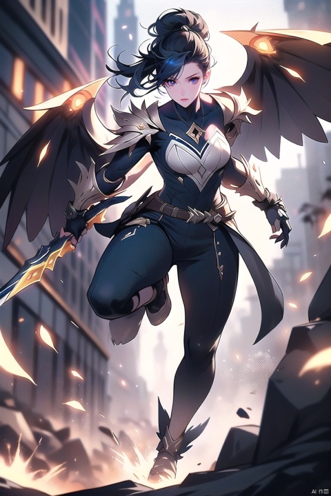  1female, League of Legends-inspired champion, full body, fantasy armor, detailed weapon, unique abilities特效, vibrant color scheme, dynamic action pose, fantastical wings or magical effects, game-quality rendering, battle-ready expression, stylized environment, intricate character design, ethereal or elemental powers

, ((poakl))