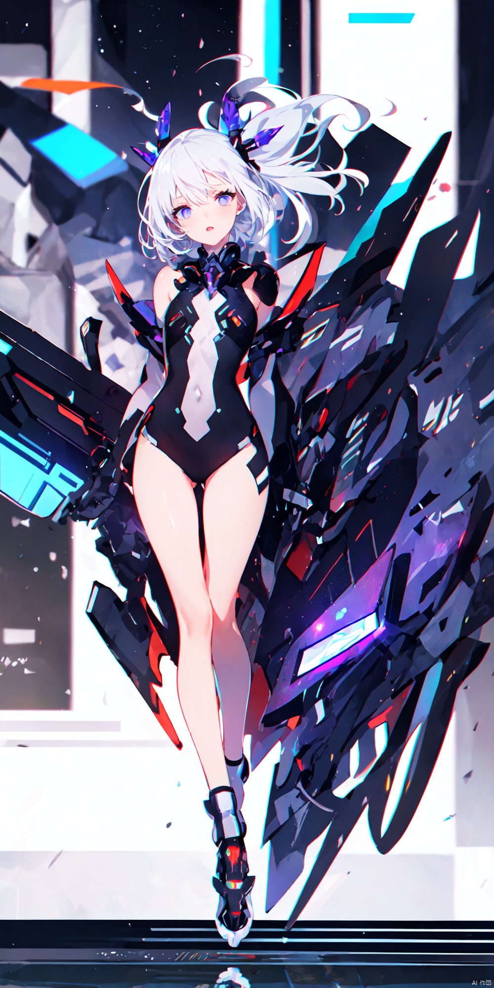  1 girl, Moyu, the best quality, very detailed, detailed background, anime, a young and beautiful girl, long rainbow hair, (full body shot), very detailed face, a very exquisite and beautiful mecha girl, very detailed eyes, (floating silver gray hair), (iris and rainbow hair), gradient color mecha clothes, (black and blue and purple mecha clothes), iris and rainbow mecha clothes, (Tight fitting: 0.8), (Cyberpunk), (Science Fiction), (Science Fiction), Night, Space, Horizon, Beautiful and Detailed Starry Sky, City Summit, (Dynamic Pose), Single person Focus, Depth of Field, Defocus, Movie Lighting, Atmospheric Lighting, Science Fiction, Full Body,


 Highest picture quality, masterpiece, exquisite CG, exquisite and complicated hair accessories, big watery eyes, highlights, natural light, Super realistic, cinematic lighting texture, absolutely beautiful, 3D max, vray, c4d, ue5, corona rendering, redshift, octane rendering, （Show whole body）, （all body）,