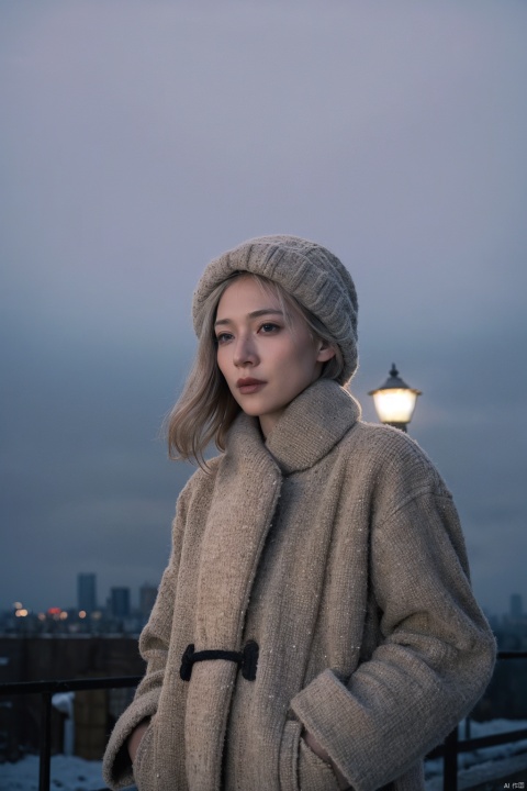 Annie Leibovitz-style portrait of a professional individual in winter attire, set against the stark yet serene backdrop of an icy cityscape. The subject stands tall, clad in a tailored overcoat that billows slightly in the cold breeze, their face framed by a scarf and topped with a woolen hat. Despite the chill, the person exudes poise and determination, hands buried in coat pockets while gazing confidently into the distance. The photograph showcases Leibovitz's mastery of lighting, using the diffused glow of streetlights to highlight the character lines etched by experience and responsibility. The image is characterized by crisp details from the texture of the coat to the glint of snowflakes settling on its surface. This visual narrative captures the essence of resilience and professionalism amidst the challenges of the season, creating a timeless portrayal of dedication and ambition in the colder months. (High-resolution: 12 megapixels, dramatic chiaroscuro lighting: 1.1, subtle emphasis on textures: 1.3)
