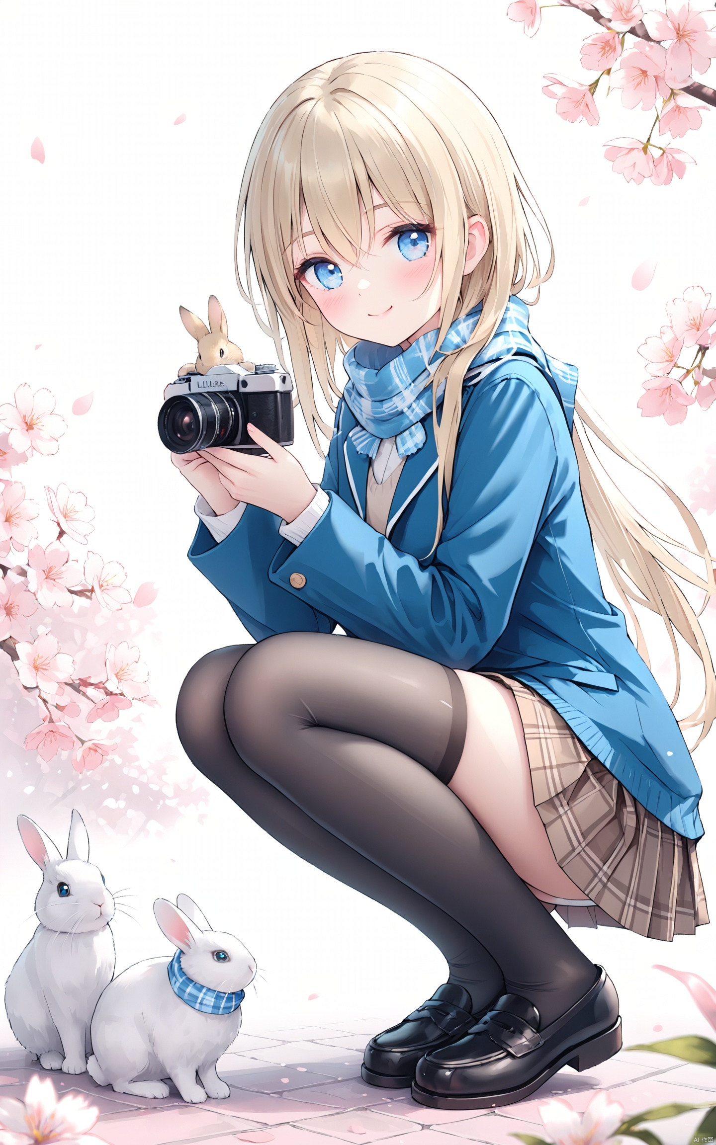  (masterpiece), (best quality), illustration, ultra detailed, hdr, Depth of field, (colorful),1girl, solo, brown skirt, skirt, squatting, thighhighs, holding camera, black thighhighs, camera, holding, shoes, cherry blossoms, white background, smile, bangs, looking at viewer, long hair, scarf, branch, blush, plaid skirt, long sleeves, blue jacket, flower, pleated skirt, blonde hair, closed mouth, rabbit, animal, plaid, blue scarf, jacket, from side, blue eyes, hair between eyes, loafers, animal on shoulder, black footwear, school uniform