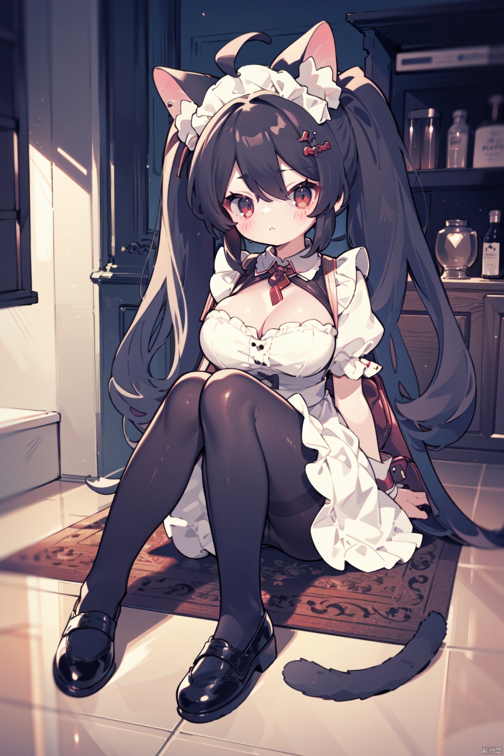 1girl, solo, long hair, breasts, bangs, large breasts, black hair, hair ornament, red eyes, dress, animal ears, cleavage, twintails, jewelry, sitting, tail, full body, short sleeves, pantyhose, earrings, frills, food, shoes, hairclip, puffy sleeves, cat ears, bag, black footwear, official alternate costume, puffy short sleeves, animal ear fluff, wrist cuffs, black pantyhose, maid, maid headdress, detached collar, backpack, extra ears, bridal garter, train interior, weibo username