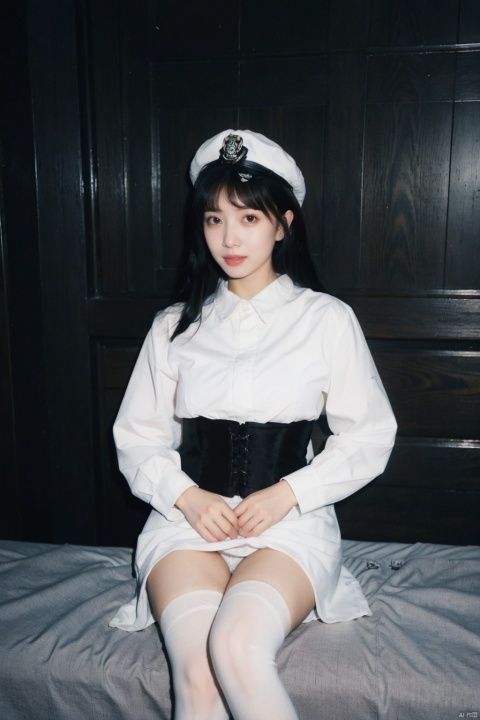 1girl,moyou, Detail, black corset, white thighhighs, policewoman, 1girl