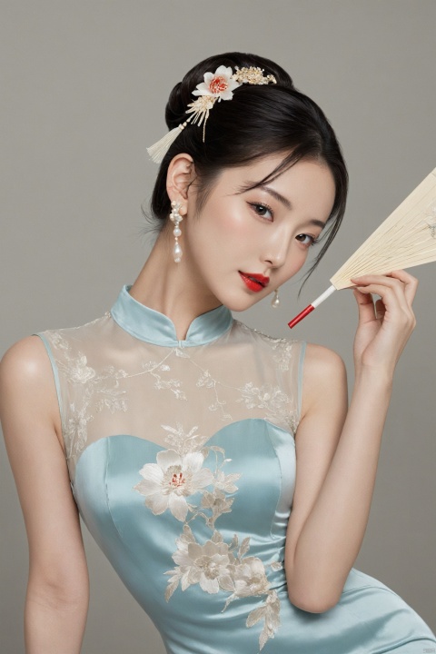  magazine cover, poster, 1girl, full_body_shot, photography_studio, elegant_photoshoot, soft_dim_lighting, vintage_chinese_background, sensual_qipao_dress, formfitting_silk_flag袍, high_slit_leg_reveal, embroidered_floral_motifs, traditional_neckline, delicate_beaded_trim, sheer_lace_panels, glossy_red_lipstick, sleek_updo_with_chignon, pearl_earrings, slender_heeled_shoes, sheer_stockings, holding_fan, oriental_accessories, refined_posture, subtle_curves, side_slit_pose, intricate_embroidery_detail, flowing_silk, draped_texture, femme_fatale_gaze, art_deco_inspired_jewelry, chiaroscuro_lighting, capturing_gracefulness, modern_retro_portrait