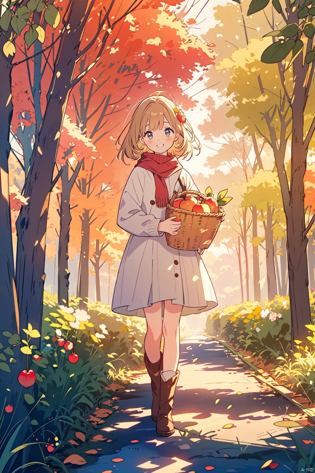 A young girl, embracing a basket of freshly picked apples, under a blossoming cherry tree in autumn, surrounded by fallen leaves in shades of red and gold, wearing an oversized woolen sweater, ankle boots, with rosy cheeks and a joyful grin, sunshine filtering through the colorful foliage casting dappled light upon her, against a backdrop of a charming countryside orchard., ((poakl))