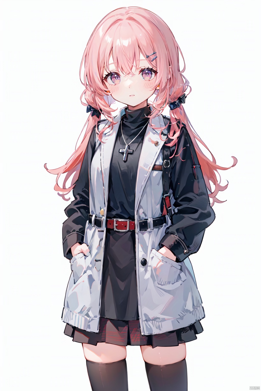  1girl, solo, looking at viewer, long hair, drill hair, red eyes, skirt, simple background, shirt, hair ornament, thighhighs, long sleeves, white background, hair between eyes, jewelry, closed mouth, red hair, cowboy shot, open clothes, alternate costume, hairclip, belt, black thighhighs, virtual youtuber, black skirt, necklace, zettai ryouiki, coat, black shirt, turtleneck, hair intakes, open coat, black coat, hands in pockets, ange katrina, ((poakl))