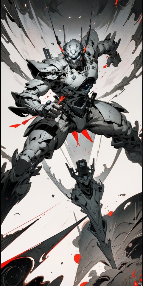  ((black line art)),ghost mask, dynamic posture, Cybernetics warrior armor, mechanical arm, science fiction, shiny armor, future science fiction style, fighting posture, fighting style, negative space, dynamic lighting, clear lines, high contrast, absurdity, best quality, negative space, urban background, perfect composition, light and shade contrast composition,Mecha,machinery,rex,Cursed left arm,full_body,fighting,fire bomber,blue bloomers,colored_skin,fairy,skin,backlight