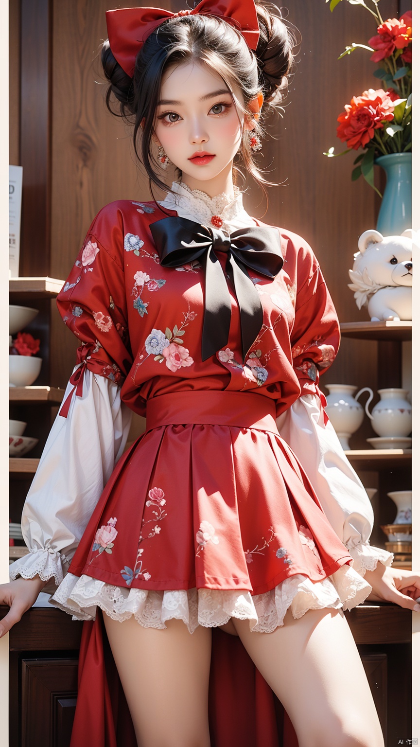  girl,double horsetail,red,Lolita outfit,lace cake skirt,brown skirt with Little Bear Pattern,bowknot, 1girl