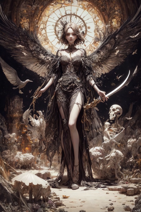  Queen, holding a long sword, a perfect long sword, a straight sword, Full body display, leaning against the ruins, with a floating skeleton in the background. The Queen's expression is enchanting, her posture is seductive, her hand is holding her face, and there is a flicker of evil energy runes in the background, blood mist filled, and soft light. My feet are covered in bones. Skeletons, many skeletons. Black stockings. Official art, unit 8 k wallpaper, ultra detailed, beautiful and aesthetic, masterpiece, best quality, extremely detailed, dynamic angle, paper skin, radius, iuminosity, cowboyshot, the most beautiful form of Chaos, elegant, a brutalist designed, visual colors, romanticism, by James Jean, roby dwi antono, cross tran, francis bacon, Michael mraz, Adrian ghenie, Petra cortright, Gerhard richter, Takato yamamoto, ashley wood, atmospheric, ecstasy of musical notes, streaming musical notes visible, flowers in full bloom, many bird of parade, deep forests, sunlight, atmosphere, rich details, full body lens, shot from above, shot from below, detail background, beautiful sky, floating hair, perfect face, exquisite facial features, high detail, smile, Fisheye lens, dynamic angle, dynamic posture,