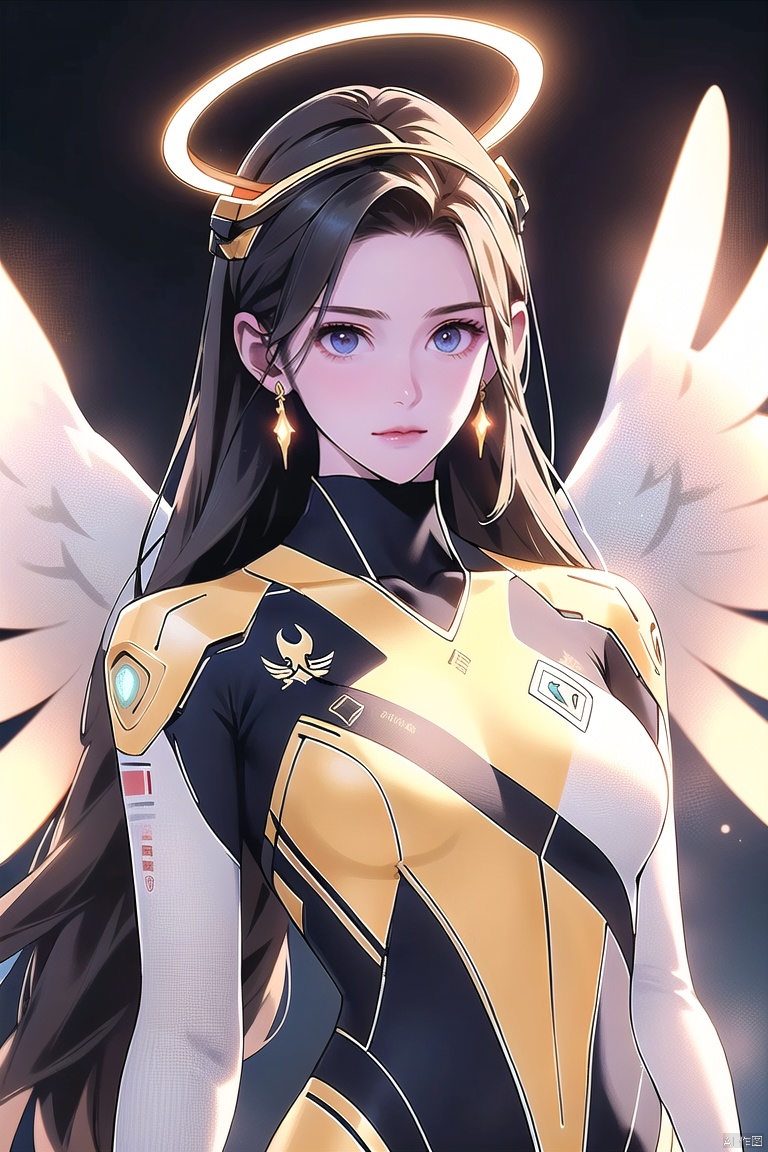 1hero, Overwatch-inspired, female, celestial healer, Angelic theme, winged emblem, halo-like headpiece, sleek white and gold armor, flowing ethereal robes, mechanical wings for agile flight, medical staff emitting divine light, holographic diagnostic interface, high-tech eyewear with embedded health readouts, form-fitting bodysuit with regal accents, golden pauldrons, angelic motifs throughout attire, hovering gracefully above ground, benevolent gaze, compassionate yet resolute facial expression, poised to deliver life-saving aid amidst the chaos of the battlefield, radiant aura, energy-infused wings casting an otherworldly glow around her figure, ((poakl))