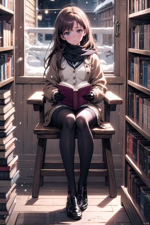  (1girl:0.6),thin,very long hair,brown hair,light brown eyes,(detailed eyes),small breasts,(coffee_knitted cardigan jacket),black high neck bottom shirt,white _sailor suit,((Black stockings)),head_dress,scarf,gloves,closed mouth,(seriously),sitting,holding a book,winter, (library),log cabin,snow,masterpiece, best quality, official art, extremely detailed CG unity 8k wallpaper, cozy anime, backlight, (wide shot:0.95), Dynamic angle, fanxing, (full body), cozy anime, tianxie, ((poakl))