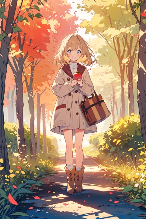 A young girl, embracing a basket of freshly picked apples, under a blossoming cherry tree in autumn, surrounded by fallen leaves in shades of red and gold, wearing an oversized woolen sweater, ankle boots, with rosy cheeks and a joyful grin, sunshine filtering through the colorful foliage casting dappled light upon her, against a backdrop of a charming countryside orchard., ((poakl))