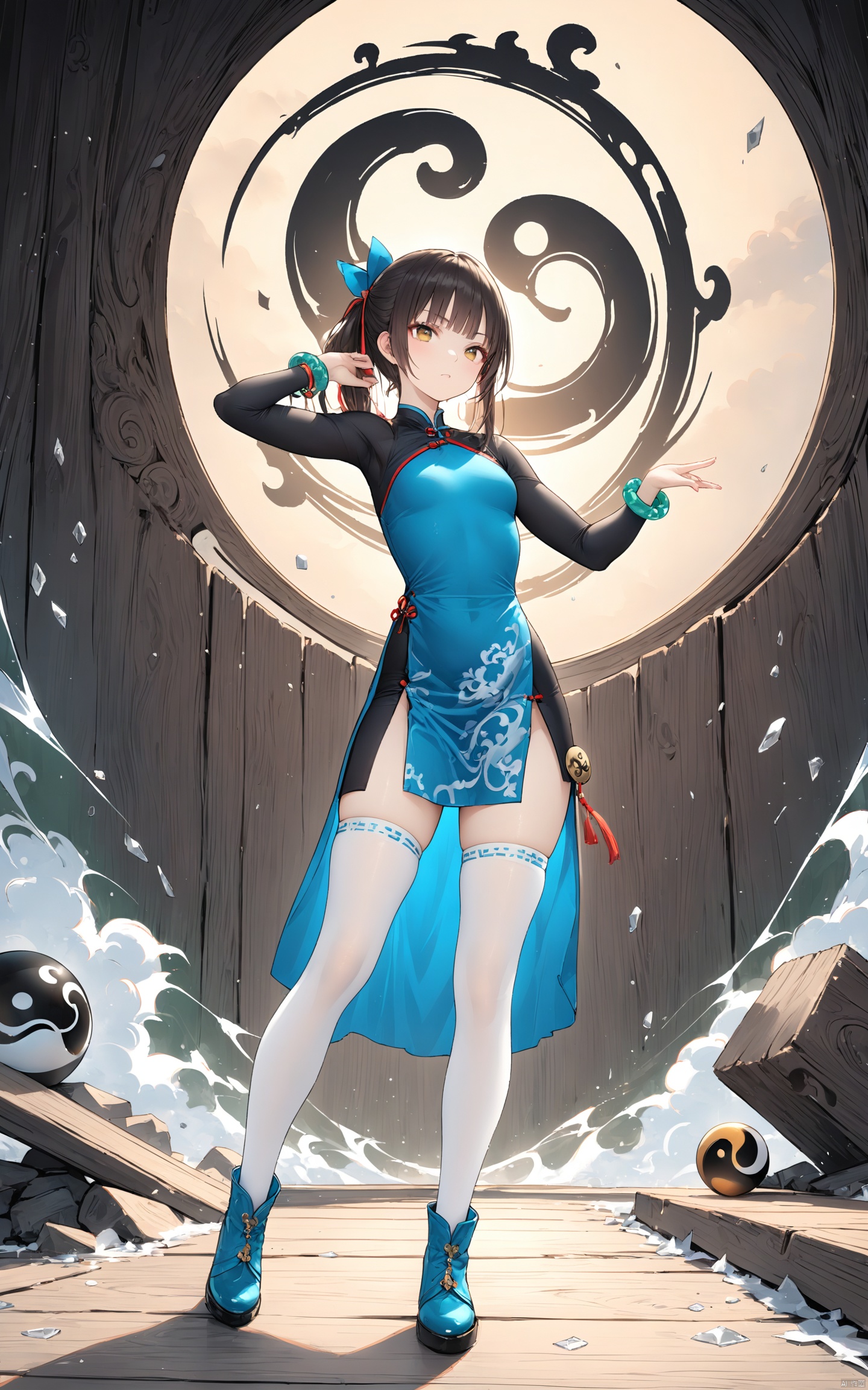 (Masterpiece), (Best Quality), Illustration, Super Detailed, hdr, Depth of Field, (Color), (White Stockings),1 character, Chun-Li inspired female martial artist, full body, donning her iconic blue qipao dress with golden accents and Mandarin collar, split sides revealing a high-cut black compression suit underneath, complemented by form-fitting black tights, traditional Chinese cloud-pattern embroidered white boots reaching mid-thigh, sporting a pair of bouncy high ponytails tied with red ribbons, dark flowing bangs framing her determined expression and bright almond-shaped eyes, accessorized with a jade bracelet on each wrist and a yin-yang medallion around her neck, standing atop a shattered wooden board, demonstrating her signature Hyakuretsukyaku kick pose, muscles flexed, embodying both grace and raw power.