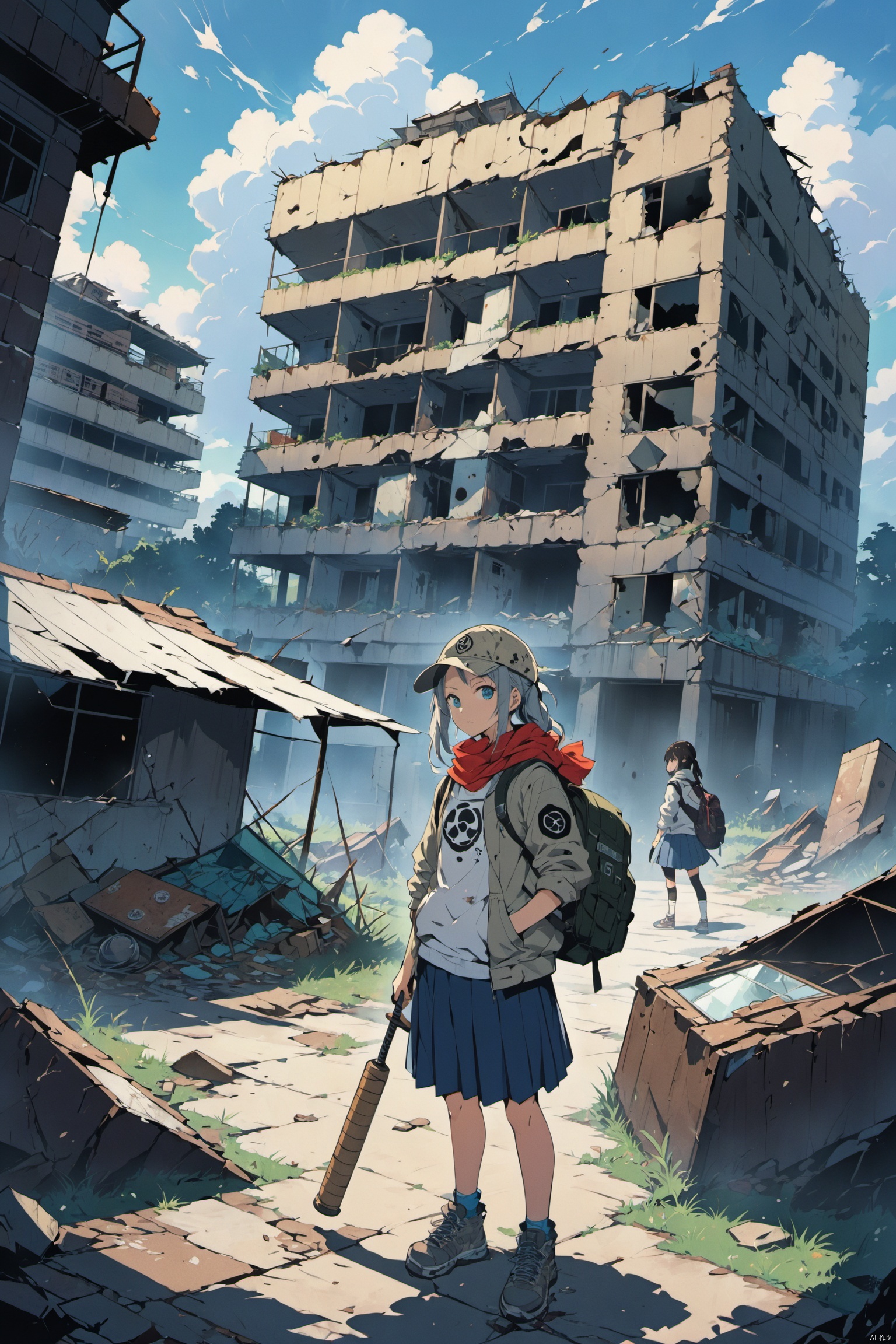 
1high school girl, full-body representation, post-apocalyptic setting, everyday wear adapted to wasteland conditions, worn-out school uniform, backpack, improvised armor patches, dirt-stained sneakers, makeshift weapon (baseball bat), protective goggles, face mask, bandana, tattered hoodie, radiation symbol patch, urban camouflage, collapsed school building, salvaged textbooks, signposts indicating former civilization, abandoned vehicles, resourcefulness, youthful defiance, mix of innocence and resilience, hope amidst despair, fading memories of pre-disaster life, makeshift shelter, inner strength, symbolizing the next generation's survival,((anime art style)), ((poakl)), eastern mythology