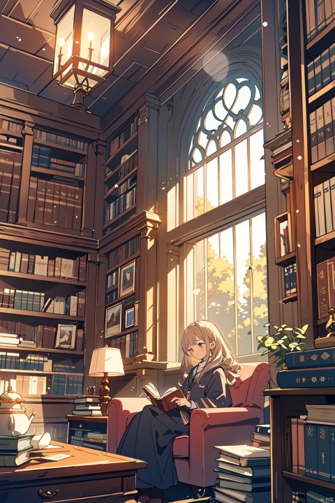 (Sacred whispers of knowledge),(a young scholar immersed),(warm glow of lamplight illuminating pages),(sturdy oak shelves reaching tall),(bound books whisper their tales),(timeless wisdom in quiet rows),(1 girl),(seated cross-legged on a plush reading rug),(engrossed in a vintage tome),(her fingers trace over embossed letters),(curls of hair softly frame her intent face),(the scent of aged paper fills the air),(penetrating silence punctuated by soft turning of pages),(her mind expands as words weave spells),(contemplative expressions reflect inner dialogue),(anchored in the present, journeying through epochs),(finding solace within library's hallowed walls), ((poakl))