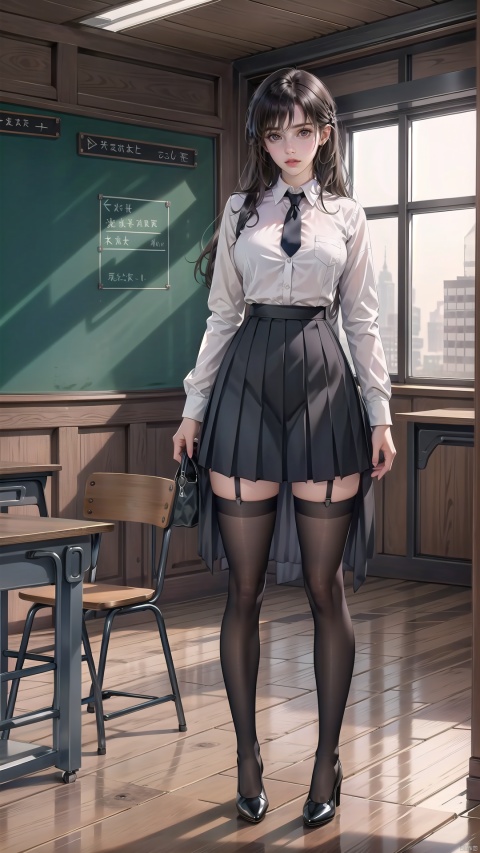  1girl, solo, long hair, breasts, looking at viewer, bangs, skirt, shirt, black hair, thighhighs, long sleeves, brown eyes, school uniform, standing, full body, white shirt, pleated skirt, necktie, collared shirt, black thighhighs, indoors, black skirt, black footwear, high heels, zettai ryouiki, window, chair, desk, high-waist skirt, shirt tucked in, classroom, school desk, chalkboard