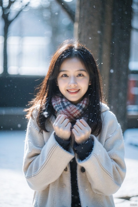  (masterpiece, best quality:1.2),Highly detailed,a woman,(snow:1.2),(snowing:1.2),snow,solo,scarf,long hair,smile,brown hair,bokeh,realistic,coat,blurry,,