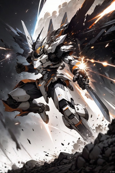  ,Combat attitude,Explosion effect,Sparks flew everywhere,Flame rise,Knife with one hand, gun with one hand,Flying in space,Giant planet behind,Black and white metal style, mecha_robot, Super perspective