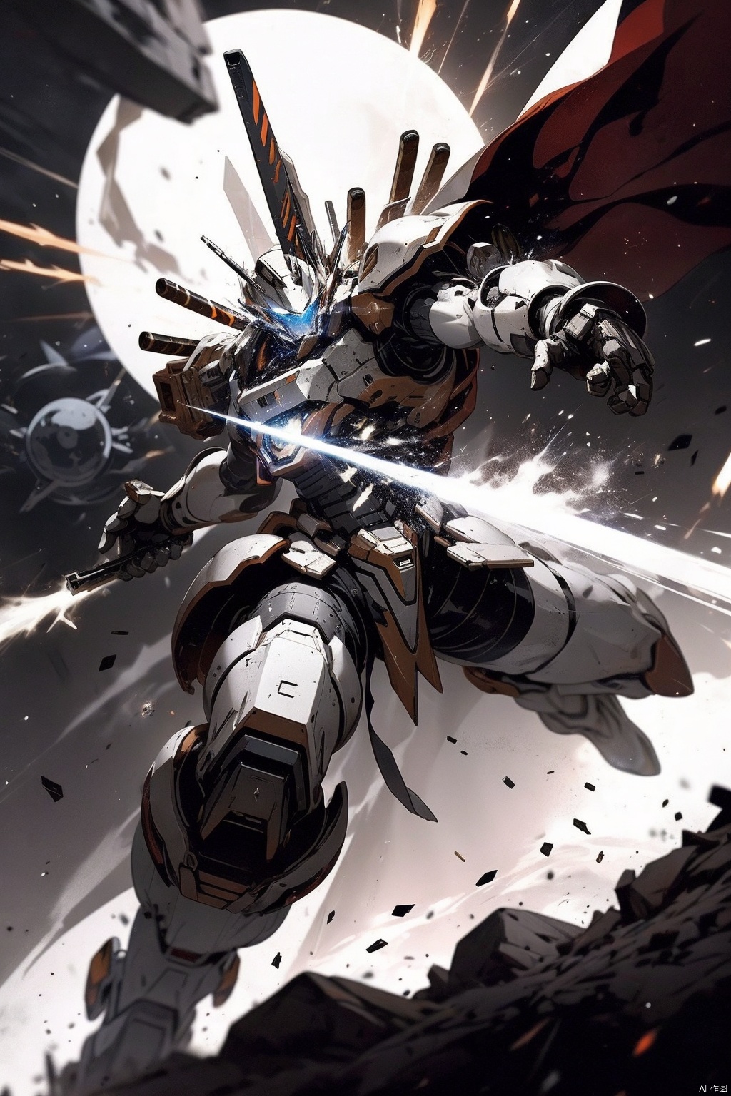  ,Combat attitude,Explosion effect,Sparks flew everywhere,Flame rise,Knife with one hand, gun with one hand,Flying in space,Giant planet behind,Black and white metal style, mecha_robot, Super perspective