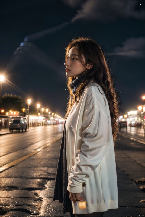  (8k, RAW Photo, Best Quality, Masterpiece: 1.2), (Realistic, Photo Realistic), Cinematic Composition, Cinematic Light, Dramatic Lighting, Depth of Field, Rim Light, Night.Dark sky, cumulonimbus clouds, outdoors, wilderness, (a woman wearing a sweater, scarf, pleated skirt, and pantyhose).Looking into the distance, profile, sideways, cowboy shot.Desolation, dark background, Tyndall effect