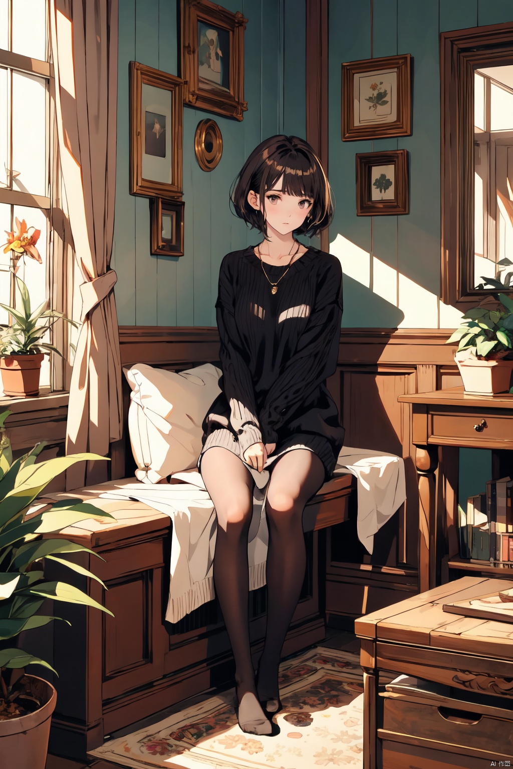  masterpiece,best quality,extremelydetailed,, ((poakl)),1girl, bangs, black_legwear, brown_eyes, brown_hair, chair, flower, indoors, leaf, long_sleeves, looking_at_viewer, no_shoes, pantyhose, plant, potted_plant, ribbed_sweater, short_hair, sitting, sleeves_past_wrists, solo, sweater, vase, window
