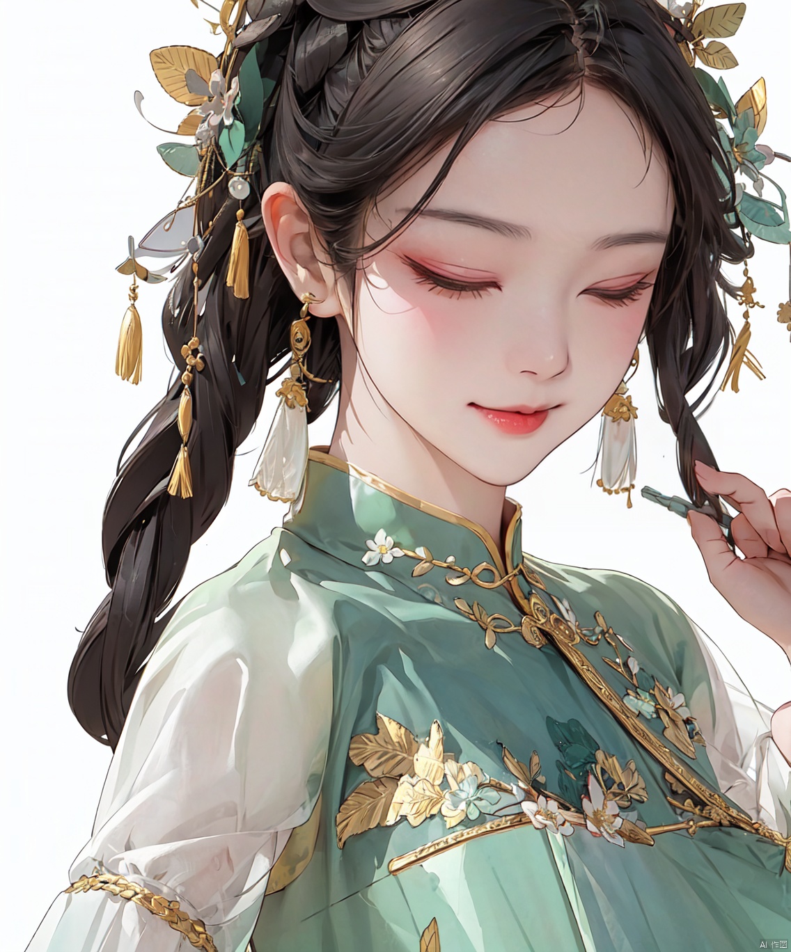  masterpiece, best quality, masterpiece,best quality,official art,extremely detailed CG unity 8k wallpaper, huge_filesize,1girl,chinese clothes,(light 
green and gold dress:1.5),Chinese style,(lim light:1.5),(white Background:1.5),simple background,black_hair,(see-through:1.6),(transparent:1.6),transparent,red and gold dress,Closing eyes,(cool face:1),soft,qingsha