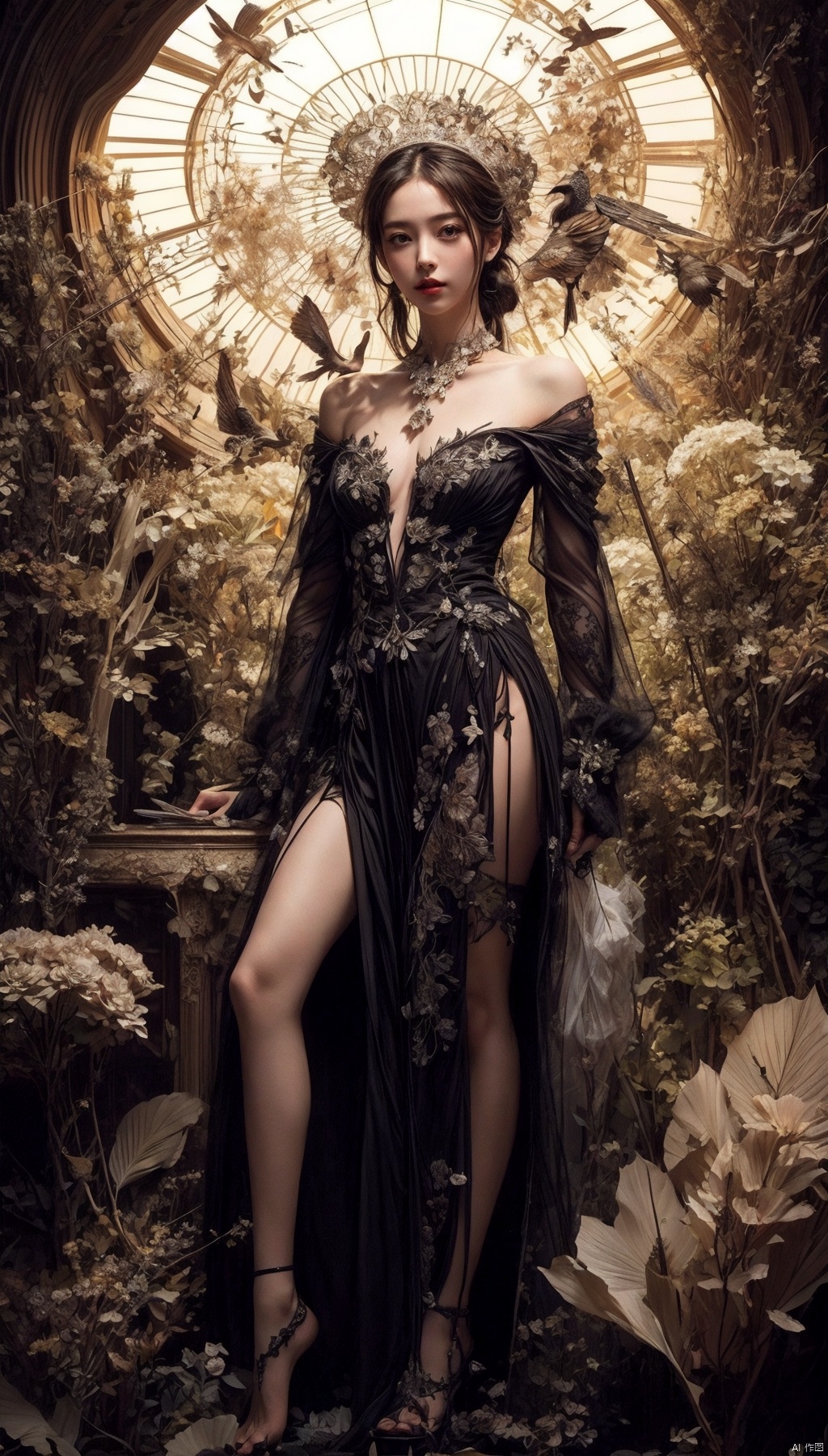  Queen, holding a long sword, a perfect long sword, a straight sword, Full body display, leaning against the ruins, with a floating skeleton in the background. The Queen's expression is enchanting, her posture is seductive, her hand is holding her face, and there is a flicker of evil energy runes in the background, blood mist filled, and soft light. My feet are covered in bones. Skeletons, many skeletons. Black stockings. Official art, unit 8 k wallpaper, ultra detailed, beautiful and aesthetic, masterpiece, best quality, extremely detailed, dynamic angle, paper skin, radius, iuminosity, cowboyshot, the most beautiful form of Chaos, elegant, a brutalist designed, visual colors, romanticism, by James Jean, roby dwi antono, cross tran, francis bacon, Michael mraz, Adrian ghenie, Petra cortright, Gerhard richter, Takato yamamoto, ashley wood, atmospheric, ecstasy of musical notes, streaming musical notes visible, flowers in full bloom, many bird of parade, deep forests, sunlight, atmosphere, rich details, full body lens, shot from above, shot from below, detail background, beautiful sky, floating hair, perfect face, exquisite facial features, high detail, smile, Fisheye lens, dynamic angle, dynamic posture, ((poakl))