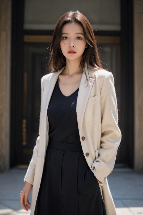 
Annie Leibovitz's compelling portrait showcases a professional woman in a striking full-length image. The subject stands tall within an architecturally impressive space, her body language conveying poise and determination. She is dressed in a sharp business suit that complements her confident demeanor, with each fold and crease captured by the lens to emphasize the crispness of her attire.

The photograph is bathed in a soft, directional light that accentuates the lines of her figure and casts long, purposeful shadows behind her, reinforcing her presence. Her gaze is fixed on something just outside the frame—a focal point that invites viewers to ponder the intensity of her focus and the story unfolding around her.

Leibovitz’s keen eye for detail ensures that every element contributes to the narrative: the contrast between the stark modernity of her clothing and the timeless elegance of the surroundings; the juxtaposition of her femininity with the masculine undertones of the professional environment. This visual symphony creates a powerful statement about the strength and grace of women in leadership roles, leaving a lasting impression on the viewer. (Visual Description: 32 megapixels, dramatic yet balanced lighting: 1.8, meticulous attention to form and texture: 1.7), ((poakl)), liuyifei
