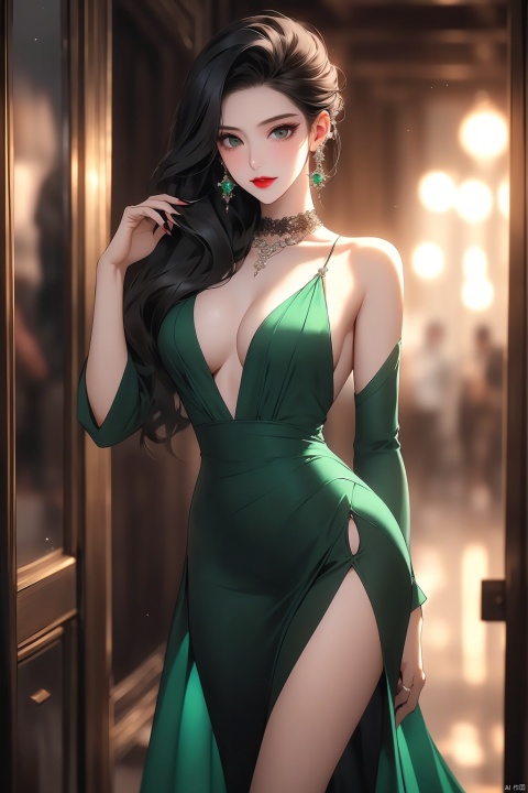 alluring stepmother, dressed in a form-fitting emerald green evening gown, deep V-neckline accentuating her curves, long flowing sleeves and a thigh-high slit revealing a hint of toned legs, strappy metallic stiletto heels adding height and allure, posed within a dimly lit mansion hallway adorned with antique mirrors and oil paintings, cascading raven hair partially swept up in an elegant chignon, adorned with statement jewelry pieces, smoky eye makeup and ruby red lipstick, sensually gazing into the distance, conveying a mix of mystery and sophistication