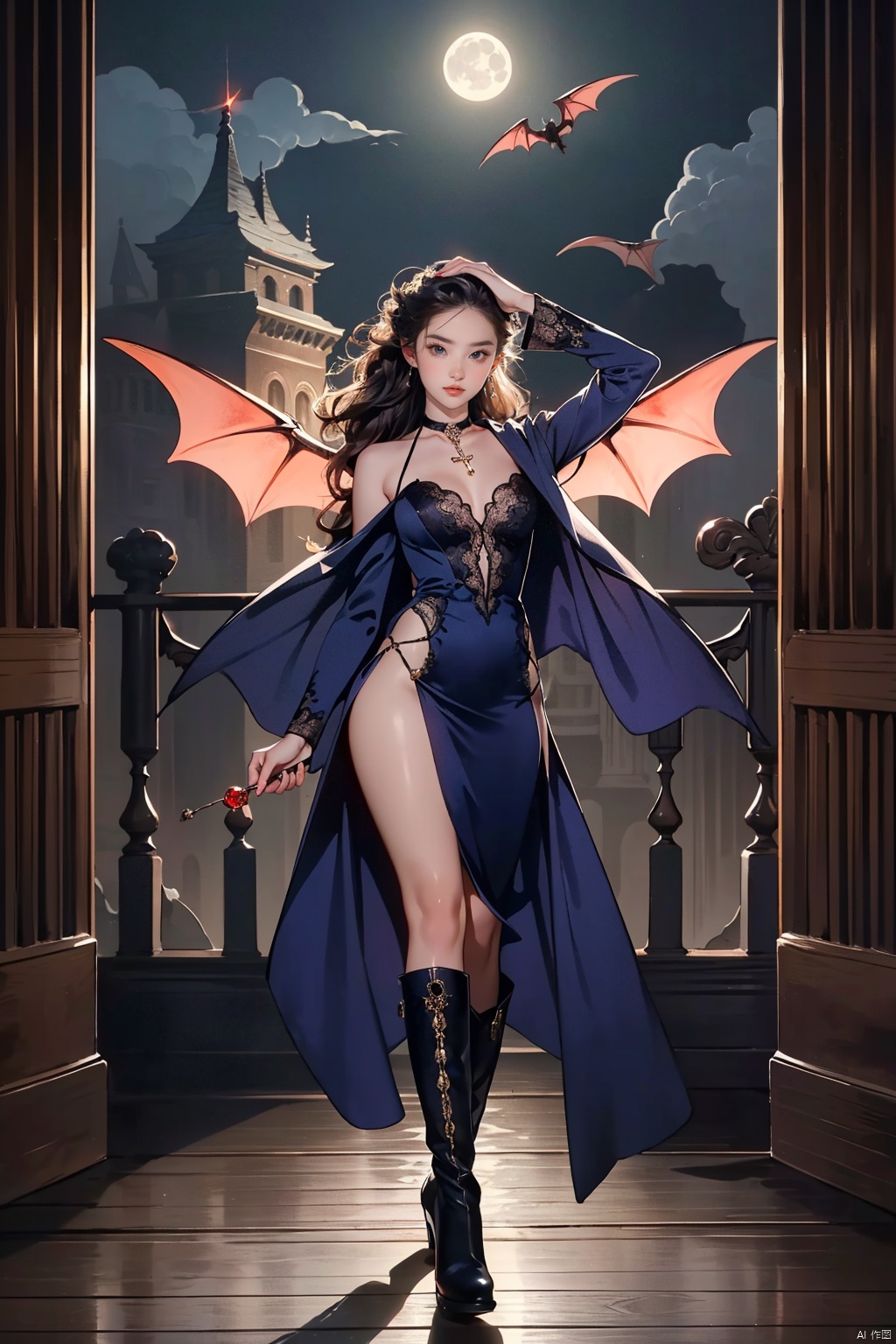 1girl, (sexy vampire lady with an alluring and mysterious air), ((full body)), (set against a gothic castle interior or moonlit cemetery scene), (pale, porcelain skin illuminated by the soft glow of candlelight or under the ethereal moonshine), (wearing a tight-fitting, Victorian-inspired midnight blue or blood-red gown that accentuates her hourglass figure, complete with a dramatic bustle and high collar), (gown adorned with intricate lace, dark embroidery, and possibly featuring a modest yet provocative décolletage), (shoulder-length raven hair cascading in loose waves, framing a face with sharp cheekbones and piercing [violet or emerald] eyes), (elongated fangs subtly revealed when she smiles or bites her lip seductively), (fashionable choker necklace, perhaps with a small red gemstone to symbolize her immortal status), (a sweeping, elegant cape made of luxurious fabric that drapes over her shoulders and trails behind her), (long, slender fingers tipped with crimson nail polish, elegantly posed or reaching out as if to beckon), (standing on delicate heeled shoes or knee-high boots in black leather, adorned with buckles or laces), (possessing an aura of power and grace, holding a glass of red wine or delicately clutching a jeweled cross pendant), (slight translucence to her form hinting at her supernatural nature), (a pair of bat-like wings folded behind her back, either real or as part of her attire's design), (an air of melancholy and passion intertwined, expressing both her eternal youth and sorrowful existence), (a subtle trail of mist or bats fluttering around her to enhance the eerie atmosphere)., ((poakl)), , (wide shot:0.95), (Dynamic pose:1.4),
