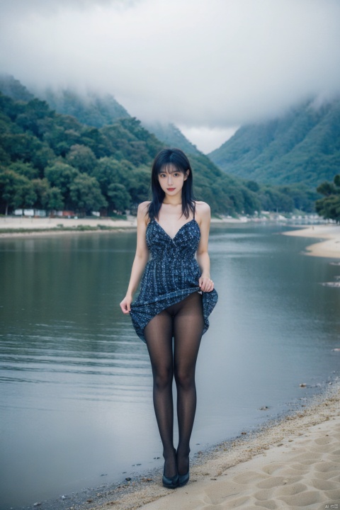 Cloudy, foggy, a girl (photorealistic 1.4), she is outdoors alone with the edge of a river, ocean or lake in the background, long blue hair, wearing a dress, white pantyhose, Mary Jane shoes, daytime environment, behind the open road, the beach and the horizon, her eyes staring at the viewer, dynamic posture, reflecting the water and sky scenery around her,
nsfw, Fine art, professional-grade capture,Sony A7R IV mirrorless camera with a Zeiss 24-70mm f/2.8 zoom lens,high-resolution, ((poakl)), skirt_lift