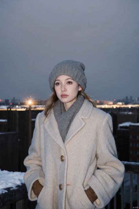 Annie Leibovitz-style portrait of a professional individual in winter attire, set against the stark yet serene backdrop of an icy cityscape. The subject stands tall, clad in a tailored overcoat that billows slightly in the cold breeze, their face framed by a scarf and topped with a woolen hat. Despite the chill, the person exudes poise and determination, hands buried in coat pockets while gazing confidently into the distance. The photograph showcases Leibovitz's mastery of lighting, using the diffused glow of streetlights to highlight the character lines etched by experience and responsibility. The image is characterized by crisp details from the texture of the coat to the glint of snowflakes settling on its surface. This visual narrative captures the essence of resilience and professionalism amidst the challenges of the season, creating a timeless portrayal of dedication and ambition in the colder months. (High-resolution: 12 megapixels, dramatic chiaroscuro lighting: 1.1, subtle emphasis on textures: 1.3)
