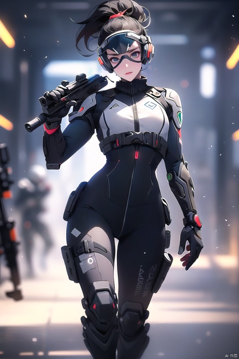 1hero, Overwatch-inspired, female, armored, modern combatant, iconic helmet, vibrant ponytail, form-fitting suit with insignia, knee-high combat boots, vambraces, omnic support drone, scoped rifle, wrist-mounted gadgets, waist cincher, protective plating, utility belt with healing packs, partial cape flowing from shoulders, athletic build, colorful energy effects, communicator headset, biotic abilities, arm canon, high collar, integrated goggles, environmental adaptability gear, stylized emblem on chest, leg holsters, confident stance, expressive eyes, determined expression, standing on battlefield debris, battle-ready pose