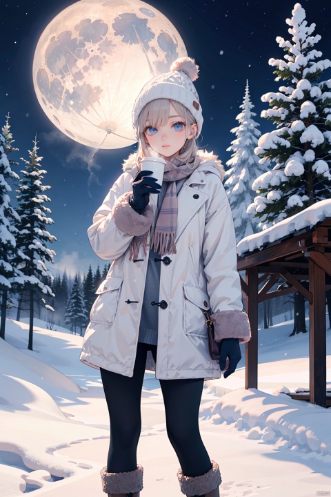 snowy, 1girl, winter outfit, fur-trimmed hooded coat, rosy cheeks, warm breath, blue eyes, long eyelashes, knit scarf, mittens, snowflakes in hair, standing in snow, boots, knee-high boots, woolen leggings, surrounded by pine trees, snow-covered landscape, holding a hot cocoa, steam rising from cup, snow falling softly, white knit beanie, ear muffs, textured snow, illuminated by moonlight, starry sky, serene expression, winter wonderland, misty air, cold atmosphere, wood cabin in distance
