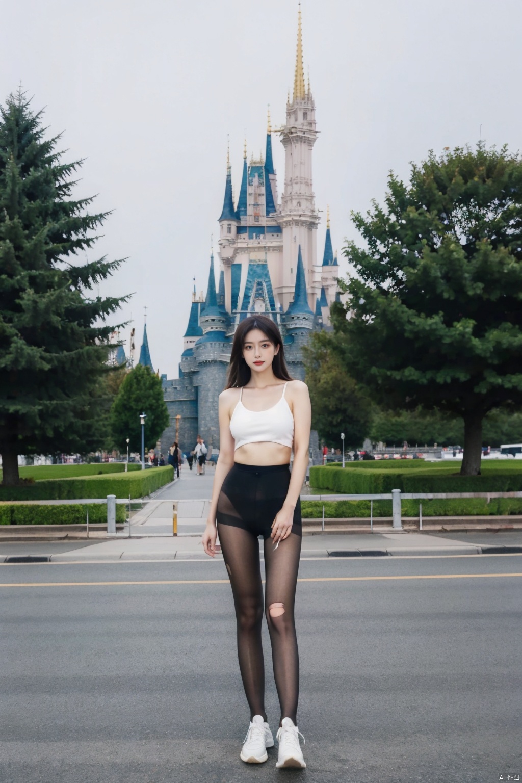 Cloudy day, foggy day, early morning, a naked woman, (real, photo :1.4), background Disney Castle, pantyhose, sneakers, outdoors, real world scene, confident pose, perfect hands,,
, Fine art, professional-grade capture,Sony A7R IV mirrorless camera with a Zeiss 24-70mm f/2.8 zoom lens,high-resolution, ((poakl)), 1girl, torn pantyhose