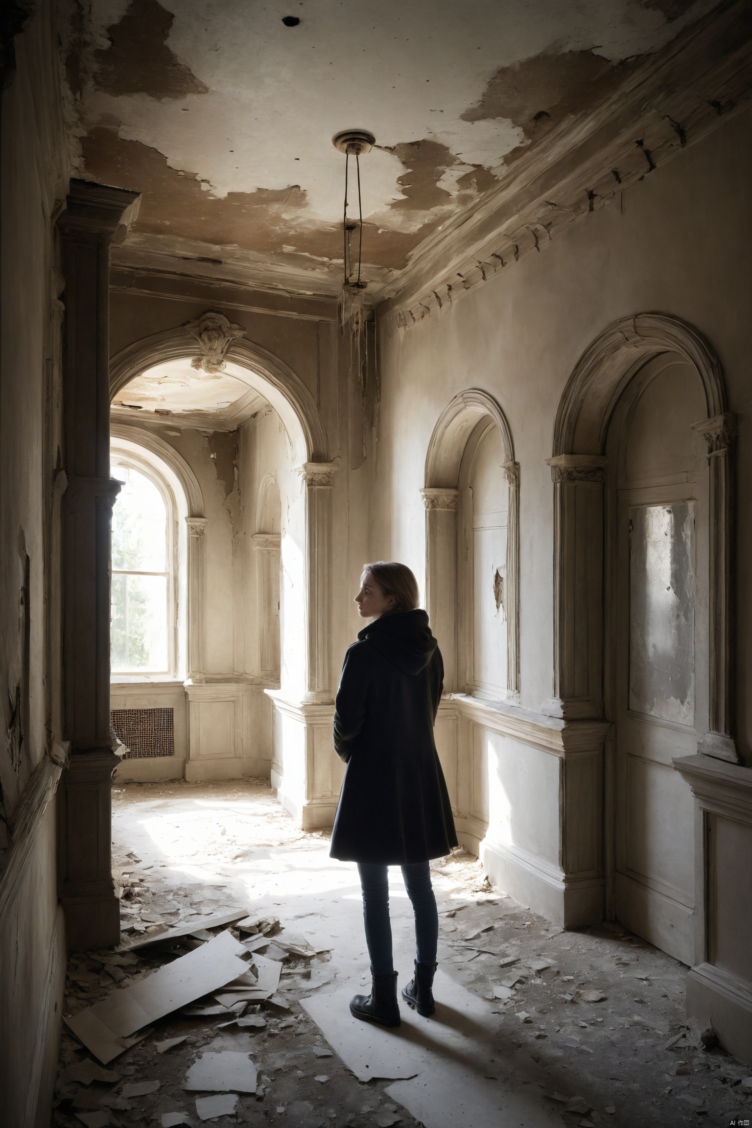 A poignant and contemplative teenage girl, exploring the hauntingly beautiful ruins of an abandoned hospital. She stands in a desolate hallway, bathed in soft, diffused light filtering through broken windows, casting elongated shadows across the peeling paint and debris-strewn floor. Her expression is a mix of curiosity and melancholy as she gazes at the remnants of a once bustling place now consumed by time. Dressed in casual contemporary clothing, her presence contrasts starkly against the decaying environment, evoking themes of transience and memory. (8K resolution, best quality: 1.2), (fine art conceptual photography style), (photorealistic wide-angle perspective with deep depth of field: f/4.0), (ultra-high-res), (dramatic chiaroscuro lighting), (meticulous detail on architectural decay and textures: 1.6), (realistic representation of dust particles and natural wear), (authentic emotional resonance), (film grain emulation for high-contrast black-and-white film stock).