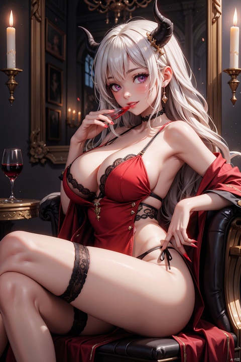 1girl, close-up portrait, seated on a luxurious red velvet throne within the shadows of an opulent demonic lair, embodying a seductive succubus with porcelain skin, bewitching violet eyes that seem to change color in the dim light, and dark, voluminous hair cascading down her back, adorned with shimmering black horns curling elegantly above her forehead, wearing a provocative ensemble consisting of a skimpy black lace bralette revealing her ample cleavage, matching thong panties barely visible beneath a sheer, flowing red robe that clings suggestively to her curves, intricate black lace gloves reaching past her elbows, fishnet stockings held up by garter belts studded with rubies, long, sharp claws painted blood-red, one knee provocatively raised while she lounges against her throne's armrest, lips parted in a teasing smile as she holds a crystal chalice filled with an otherworldly elixir, surrounded by flickering candles casting an alluring play of light and shadow across her sensual form.