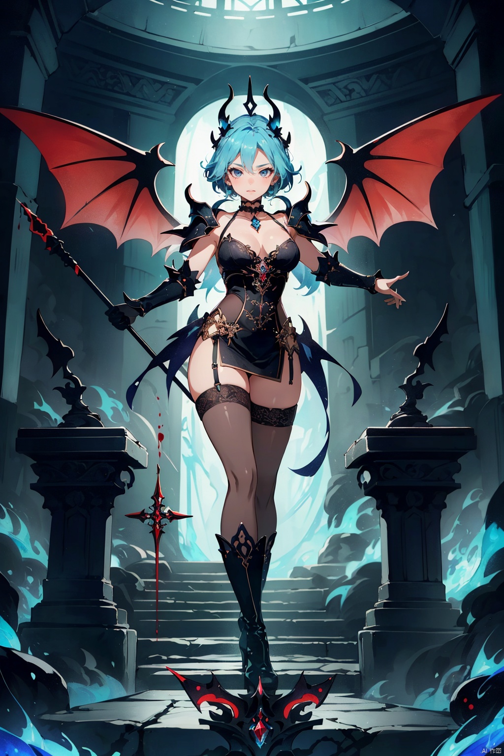 1girl, (alluring and mischievous succubus), ((full body)), (demonic wings spread out behind her, translucent and shimmering with ethereal energy), (lithe form clad in form-fitting dark leather or scale-like armor revealing sensual curves), (tail coiled around one leg suggestively), (exposed midriff with intricate arcane tattoos or markings), (upper body dressed in a plunging neckline corset with lace accents), (shoulder pauldrons adorned with demonic motifs), (dark horns curling upwards from her forehead, polished and gleaming), (piercing gaze with vertically-slitted pupils and smoky eye makeup), (long, flowing hair of midnight black streaked with deep purple highlights), (holding a jeweled scepter or staff imbued with dark power), (standing on an obsidian throne surrounded by swirling shadows), (shimmering aura of dark energy surrounding her feet), (claws tipped with iridescent nail polish), (wearing thigh-high boots with stiletto heels), (a choker necklace featuring a crimson gemstone at its center), (lips painted in a rich, blood-red hue, hinting at forbidden temptation), (background: fiery abyss or mystical underworld)..,((poakl)), ,(wide shot:0.95),(Dynamic pose:1.4), Light master