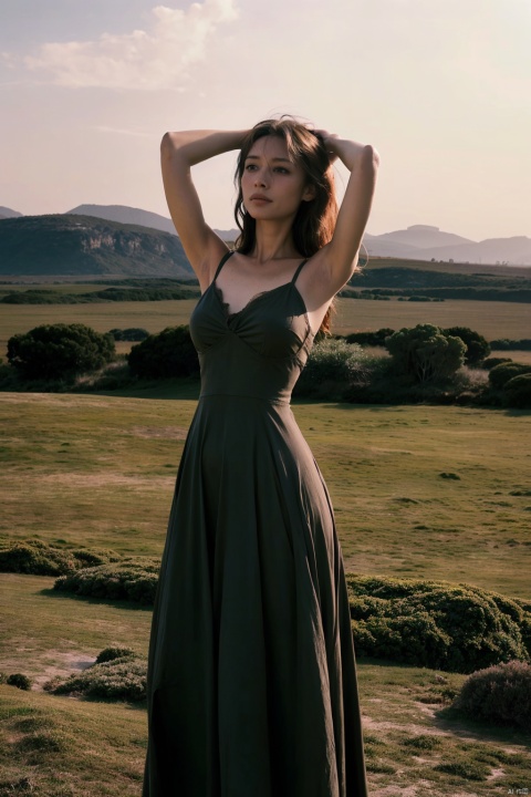 Annie Leibovitz's evocative photograph depicts a young woman in a sun-drenched field, the lush greenery stretching out behind her as far as the eye can see. She is positioned with arms slightly raised, embracing the vast expanse of nature around her. The gentle breeze tousles her hair and billows the hem of her flowing dress, imbuing the scene with a sense of freedom and movement.

Leibovitz’s keen eye for composition captures the interplay between the subject and her environment; the golden hour light bathes her face in a warm glow, casting long shadows that dance across the landscape. Her expression reflects a profound connection to the earth beneath her feet, hinting at narratives of growth, independence, and the timeless beauty of the natural world.

The image is characterized by its rich, vibrant colors and the use of depth to emphasize the expansive horizon. It encapsulates Leibovitz's ability to create portraits that are both intimate and universal, drawing out the inner spirit of her subjects while situating them within the grandeur of their surroundings. (High-resolution: 30 megapixels, naturalistic lighting with warm hues: 1.4, emphasis on environmental context and mood: 1.5),((poakl))