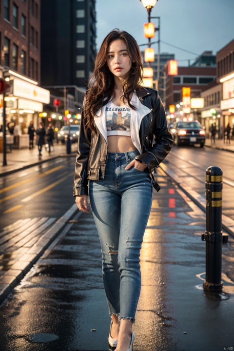 (8k, RAW Photo, Best Quality, Masterpiece: 1.2), (Surreal, Fine Art), Superior Detail, Superb Lighting, (Global Illumination, Hollywood Movies), 1 Girl, ((solo)), Long Wavy Brown Hair, windblown clothes, leather jacket, jeans, sunglasses, city night, foggy streets, neon lights, (leaning against a lamppost, hands in pockets), (downtown alley, wet asphalt, reflection, Fire escape, sidewalk), tall skyscraper, moonlit skyline, glass curtain wall, rain drops, specular reflection, street light glare, bokeh effect, darkness, gloom,((poakl))