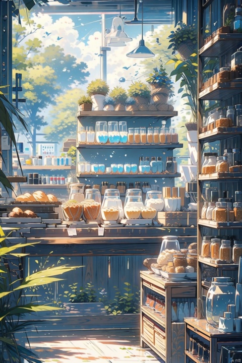 (masterpiece:1.2), best quality,PIXIV,cozy animation scenes,scenery, no humans, sky, plant, window, food, cloud, day, cup, shelf, tree, jar, table, bottle, sunlight, blue sky, indoors, potted plant, bread, plate, chair, shop, electric fan, 