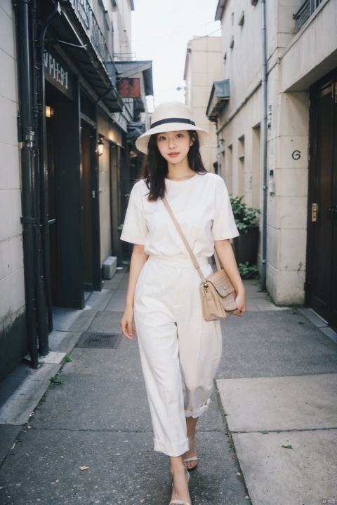 Real, photographic, the scene is set in a corner of the bustling city in the 1980s. A modern and fashionable Chinese woman comes into view. She is wearing bell-bottom pants that were popular at the time, a bright bat-sleeved shirt on her upper body, and a pair of white plastic sandals. Wearing a playful sun hat on her head, she is holding one of the most fashionable nylon woven handbags of the season.Her figure shuttles between individual shops in the streets and alleys, on the open-air dance floor in the park,