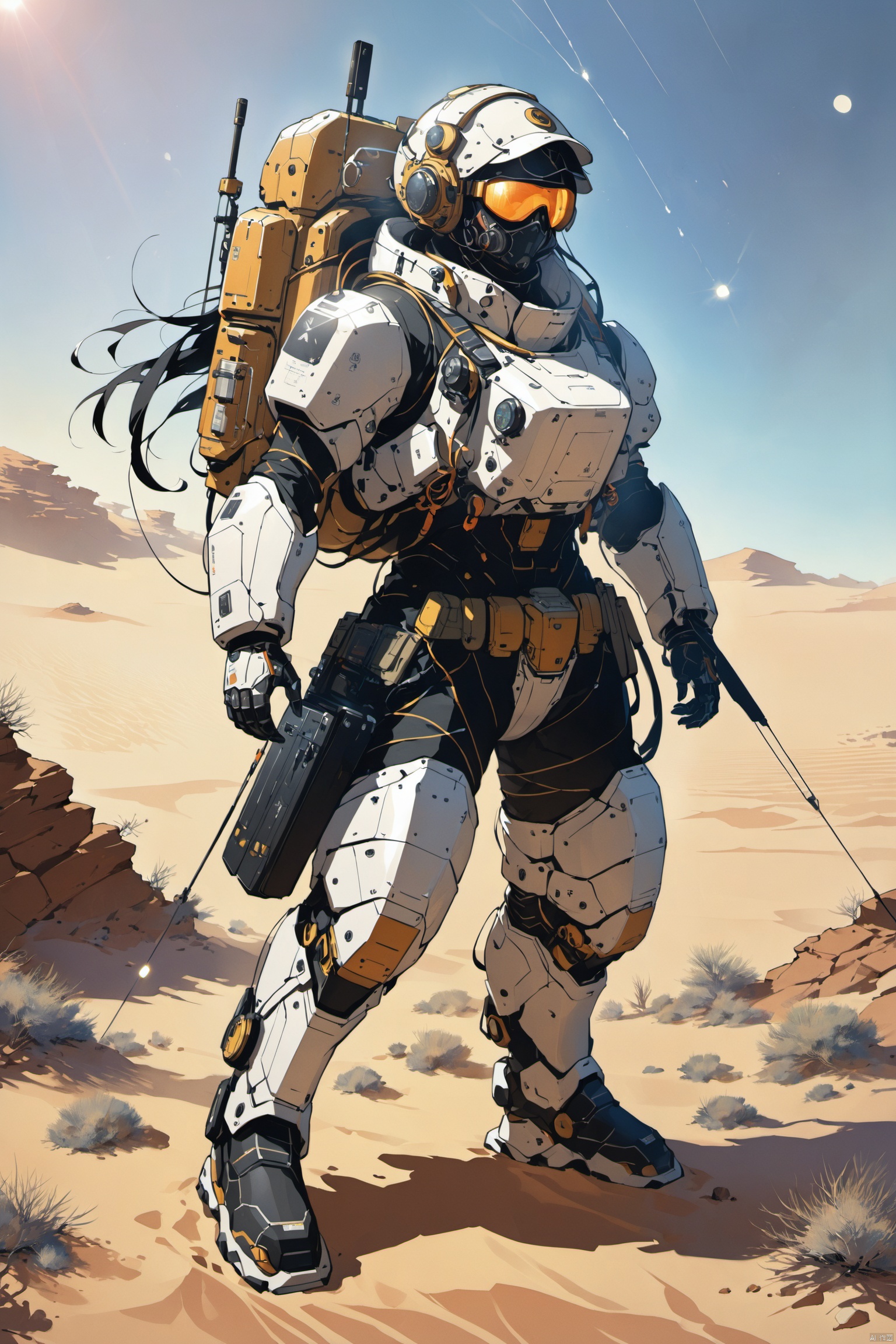 1mechanical girl, full-body portrayal, desert environment, sand dunes stretching afar, metallic exoskeleton reflecting sunlight, solar-powered systems, integrated cooling vents, hydraulic joints, multifunctional tools built into limbs, ruggedized tread-like feet, desert goggles, moisture-recycling apparatus, weathered finish suggesting prolonged exposure to harsh conditions, energy-efficient design, limited edition survival gear, navigational sensors, scanning the horizon for resources or threats, hint of artificial intelligence displayed through expressive LED lights, fusion of human and machine aesthetics, enduring solitude, symbolizing innovation and adaptability against extreme adversity((anime art style)), ((poakl)), eastern mythology
