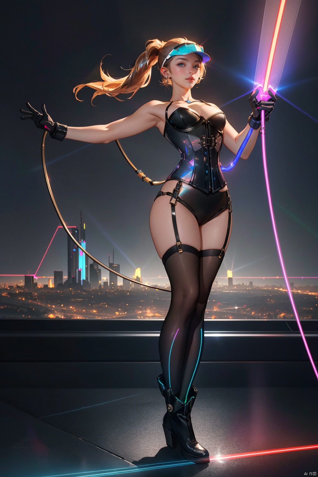 1girl, (mecha-maid), cyberpunk, (bustier with mechanical accents:1.6), (exposed circuitry details:1.3), futuristic thigh-high boots, (holographic visor:1.5), (artificial skin:0.9), (metallic accents:1.4), (dynamic pose:1.7), (plume of steam:1.2), (backdrop: neon cityscape:1.5), (tactical gloves:1.1), (synthetic hair in ponytail:1.3), (laser whip:1.8), (subtle glow effects:1.4), (shattered glass floor:0.8), floating holographic interface, (implant ports:1.1), confident stance, elongated limbs, smoke effects., ((poakl)), , (wide shot:0.95), (Dynamic pose:1.4),