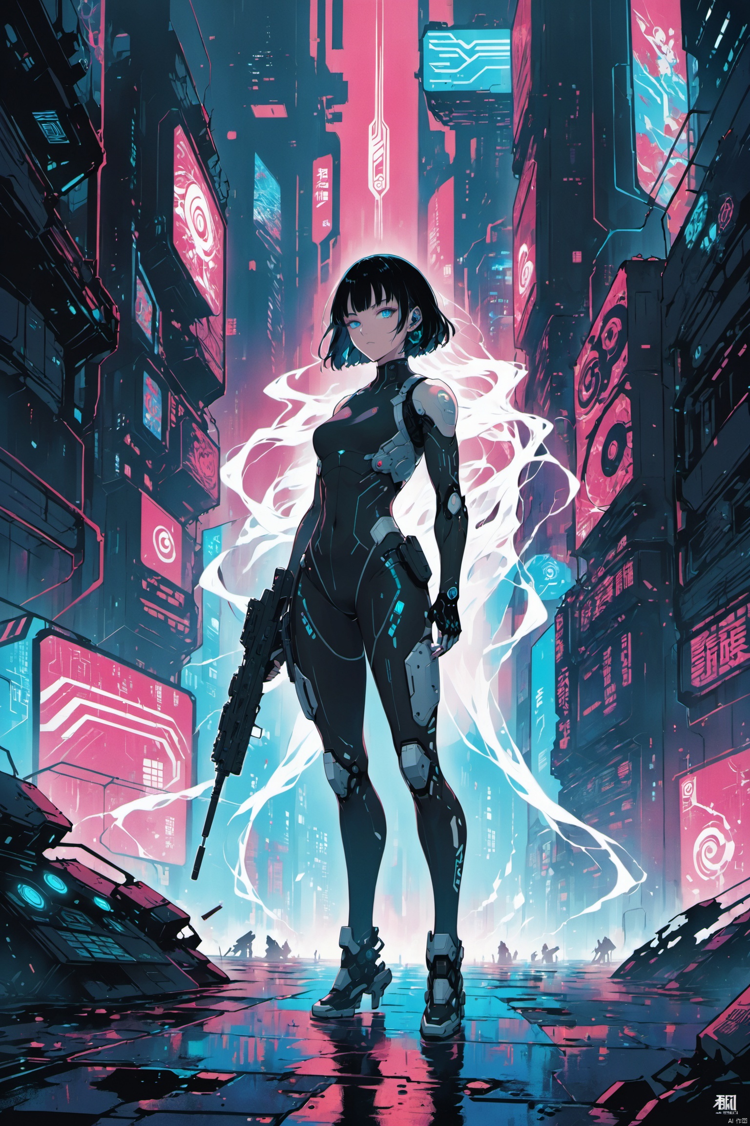 1character inspired by Ghost in the Shell, full-body illustration, female cyborg protagonist with a slender yet athletic build, wearing a form-fitting tactical jumpsuit that blends seamlessly with her synthetic body parts, visually striking prosthetic limbs featuring advanced articulation and built-in weaponry, partial see-through polymer skin revealing complex circuitry and subdermal implants, augmented reality display projected across her field of vision, stand-offish demeanor and piercing gaze, signature firearm holstered at her side, surrounded by the neon-drenched alleys of a sprawling cyberpunk metropolis, her existence questioning the boundaries of humanity in an era dominated by artificial intelligence and cybernetic enhancements.,((anime art style)), ((poakl)), eastern mythology