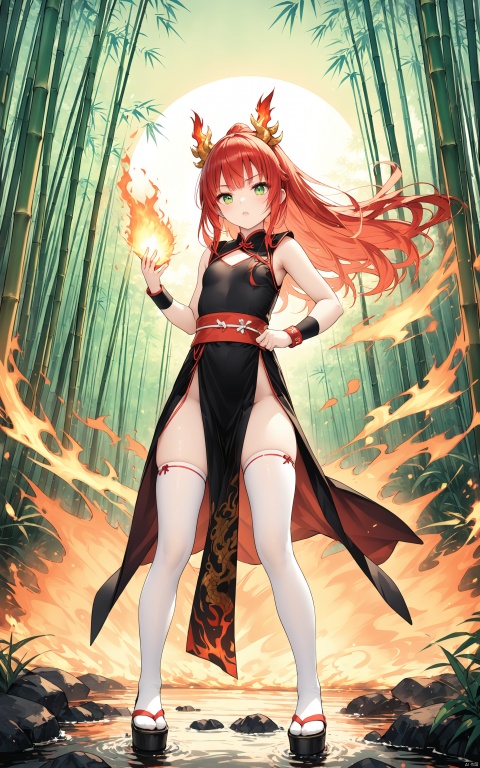 (Masterpiece), (Best Quality), Illustration, Super Detailed, hdr, Depth of Field, (Color), (White Stockings),1 character, resembling Kanzuki-style female fighter, full body, dressed in a provocative crimson and black qipao-inspired outfit reminiscent of the character 'Mai Shiranui', tight-fitting and slit up to the thigh, revealing athletic legs, accessorized with golden dragon ornaments along the edges and a flowing sash that doubles as a weapon, long fiery red hair styled in dynamic waves framing her face and extending past her hips, striking green eyes filled with intensity, wearing traditional Japanese geta sandals, poised in a ready stance, hands ignited with flames, ready to unleash a fireball attack, mid-battle expression, muscular build with toned abs, wearing a protective wristband on each arm, set against a backdrop of moonlit bamboo forest."