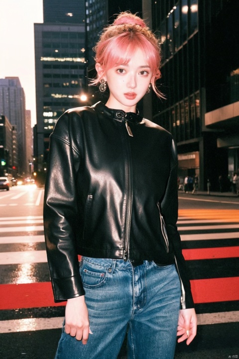 A stylish urbanite girl stands confidently at a bustling city intersection, amidst the neon glow of towering skyscrapers and the chaotic dance of traffic lights. She sports a sleek leather jacket over a graphic tee, paired with ripped jeans that hug her curves and high-top sneakers reflecting the city's vibrant hues. Her hair is tied up in a chic bun, revealing statement earrings that catch the glint of streetlights.

Her gaze is resolute and piercing, embodying an air of independence and strength as she surveys the metropolis around her. The image captures the essence of modern city life, where energy and ambition intertwine. This scene is reminiscent of the dynamic, cinematic portraits found in the work of contemporary photographers like Tyler Mitchell or Petra Collins.

Render this striking figure in 4K resolution, using bold, contrasting colors to accentuate the vibrancy of the cityscape and her commanding presence within it. The composition highlights her poise and determination, standing out from the blur of moving cars and busy pedestrians, symbolizing the spirit of the empowered woman navigating the urban jungle.
